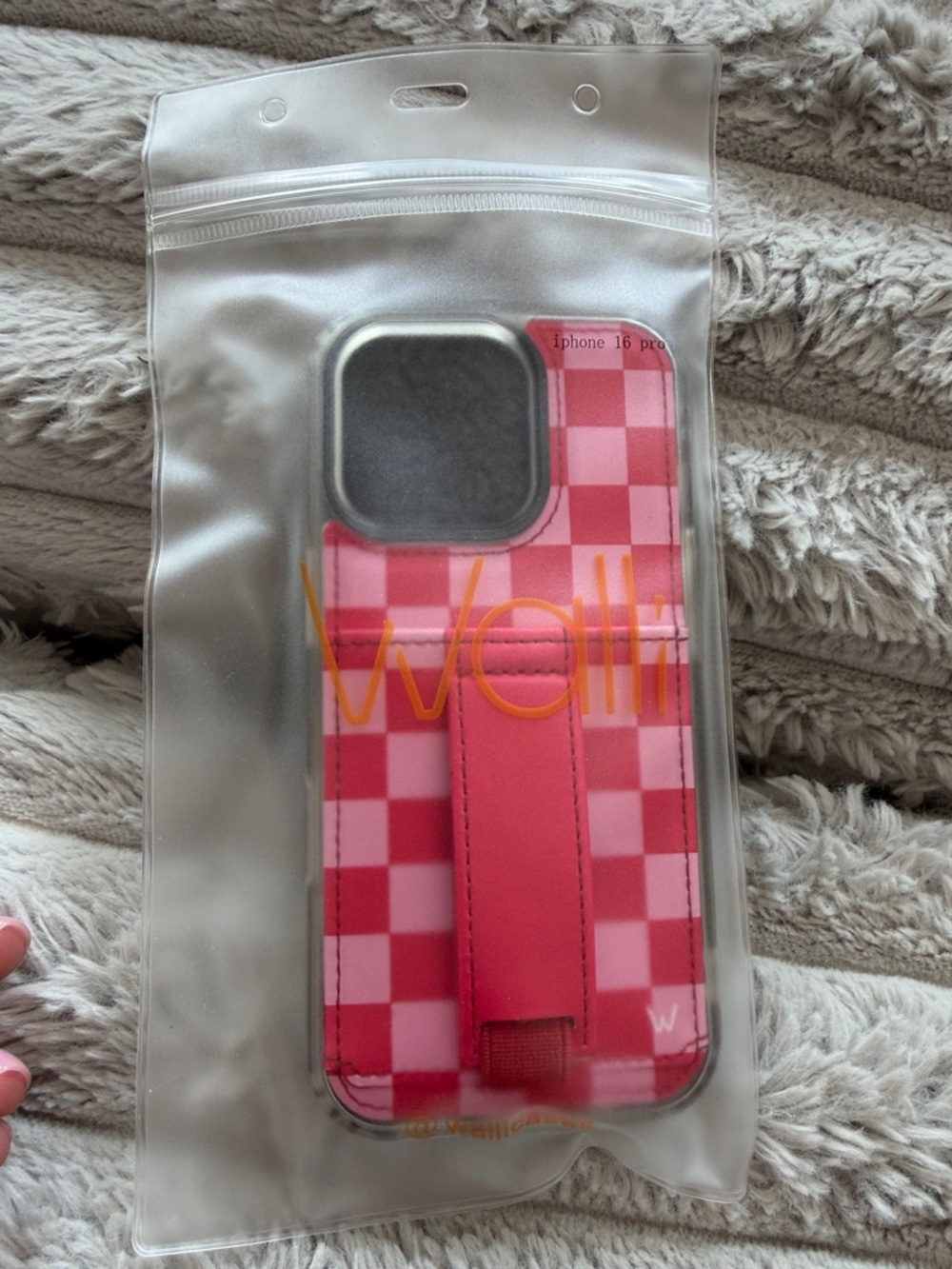 Pink and red Checkerboard Wallet Phone Case with Hand Strap for iPhone 16 pro